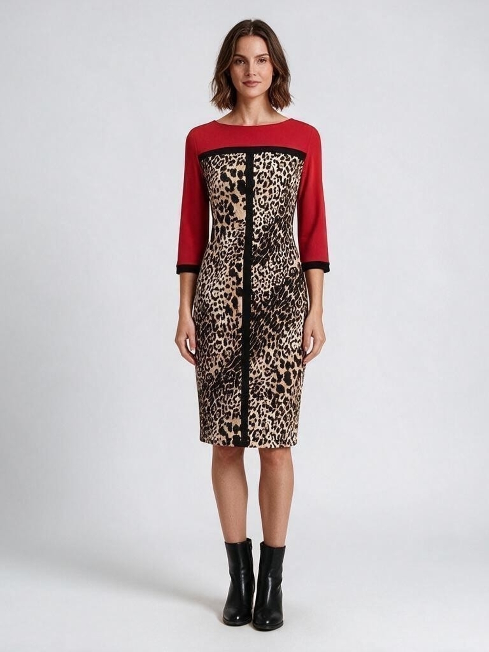 Joseph Ribkoff Leopard Colorblock Sheath Dress Red Black Size 6